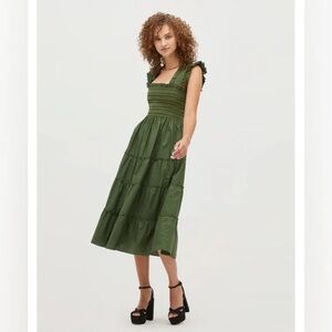 Hill House Olive Green Smocked Tiered Midi Dress